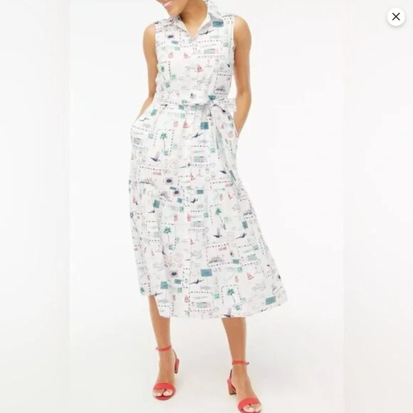 J. Crew Factory Dresses & Skirts - NWT J.Crew Factory Collared Midi White Postcard Stamps Southern Shirtdress 12